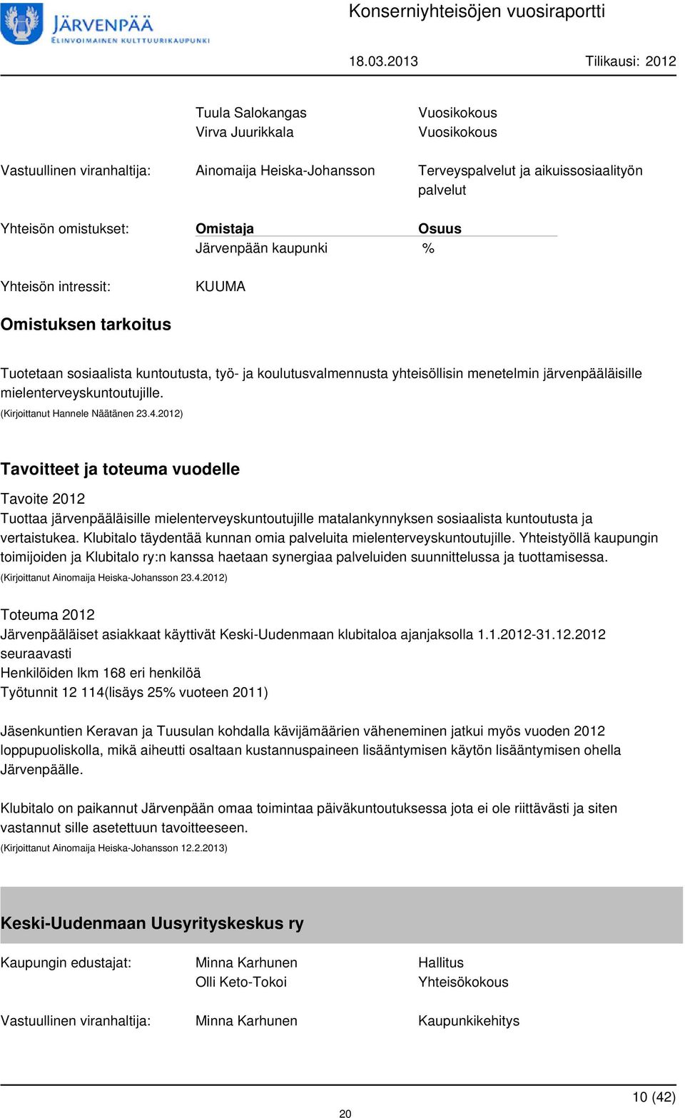 2012) Tuottaa järvenpääläisille mielenterveyskuntoutujille matalankynnyksen sosiaalista kuntoutusta ja vertaistukea. Klubitalo täydentää kunnan omia palveluita mielenterveyskuntoutujille.