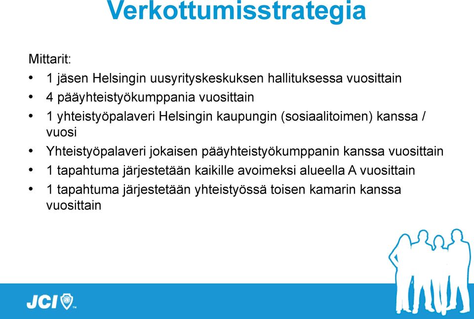 vuosi Yhteistyöpalaveri jokaisen pääyhteistyökumppanin kanssa vuosittain 1 tapahtuma järjestetään