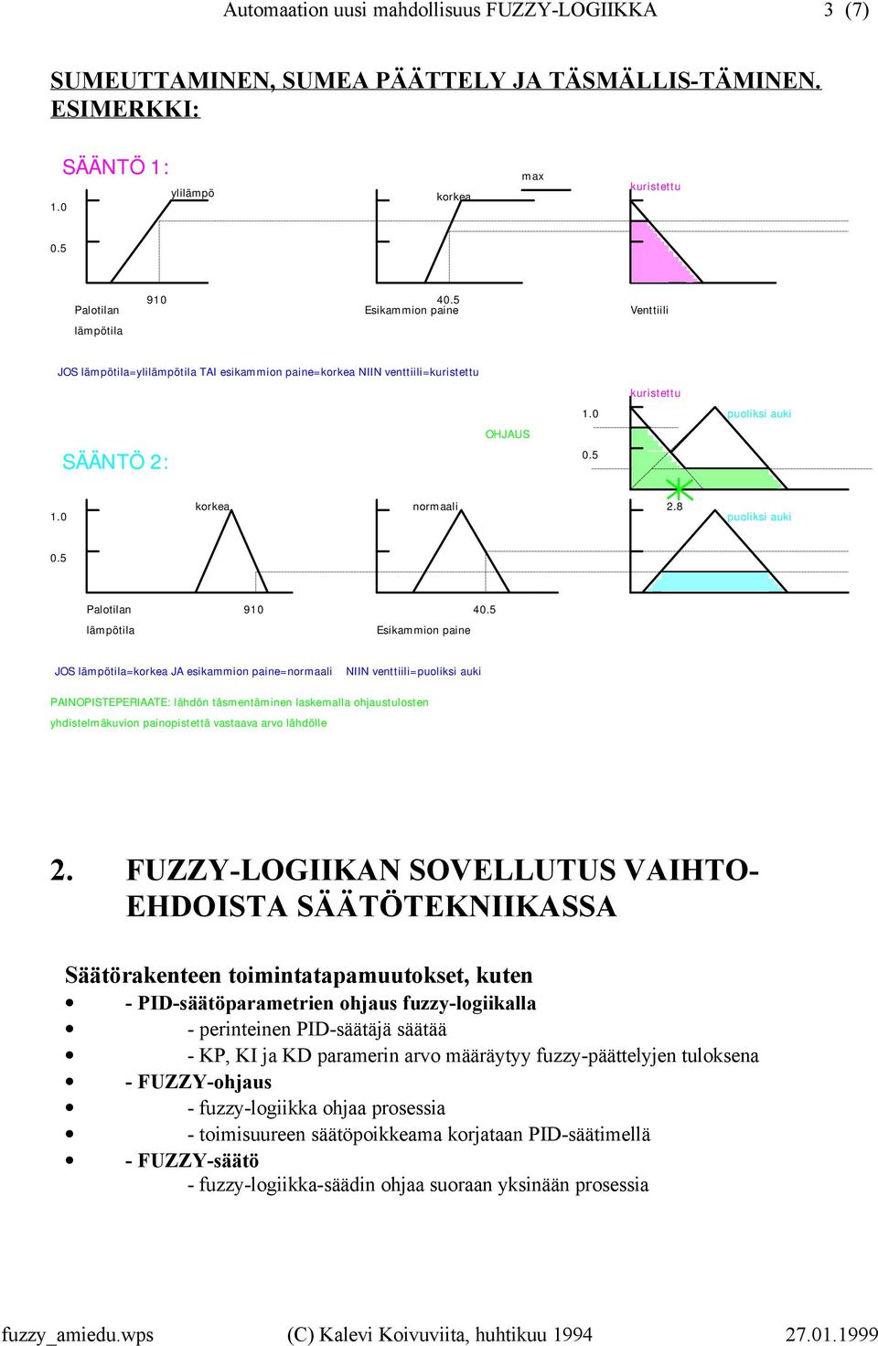 8 puoliksi auki 0.5 Palotilan lämpötila 910 Esikammion paine 40.