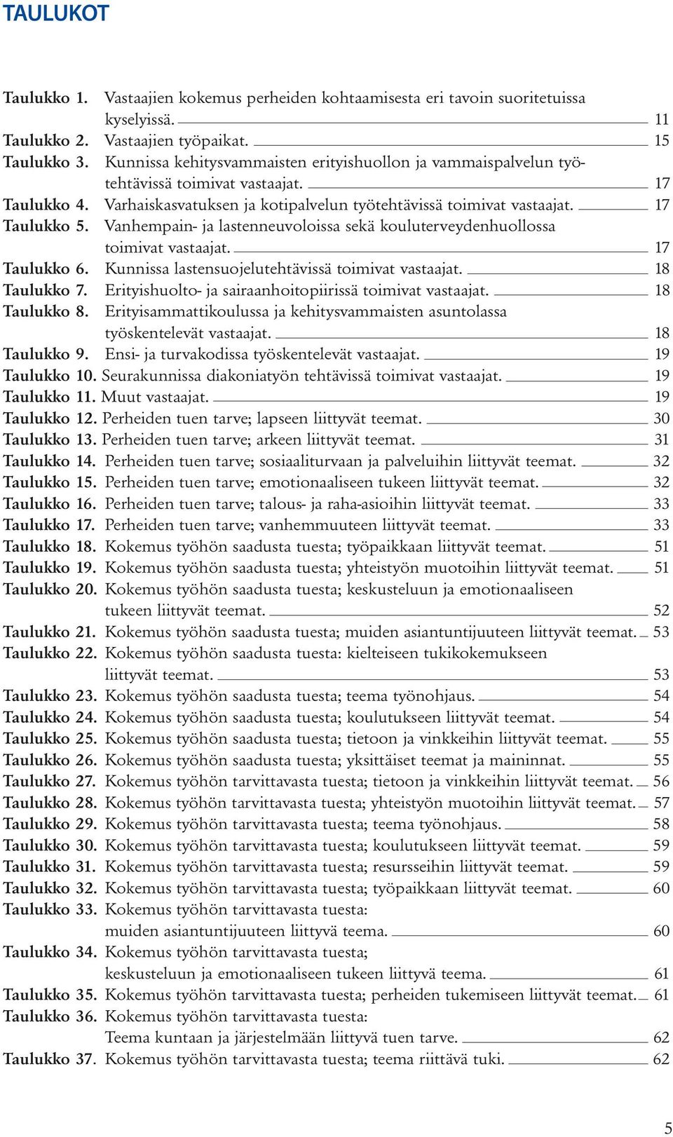 Vanhempain- ja lastenneuvoloissa sekä kouluterveydenhuollossa toimivat vastaajat. 17 Taulukko 6. Kunnissa lastensuojelutehtävissä toimivat vastaajat. 18 Taulukko 7.