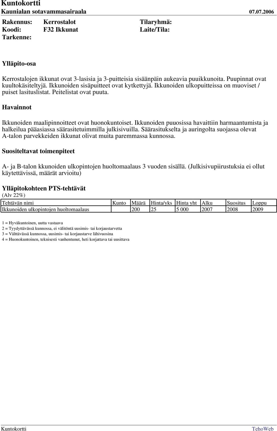 Ikkunoiden puuosissa havaittiin harmaantumista ja halkeilua pääasiassa säärasitetuimmilla julkisivuilla.