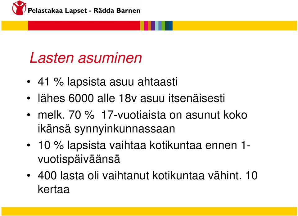 70 % 17-vuotiaista on asunut koko ikänsä synnyinkunnassaan 10 %