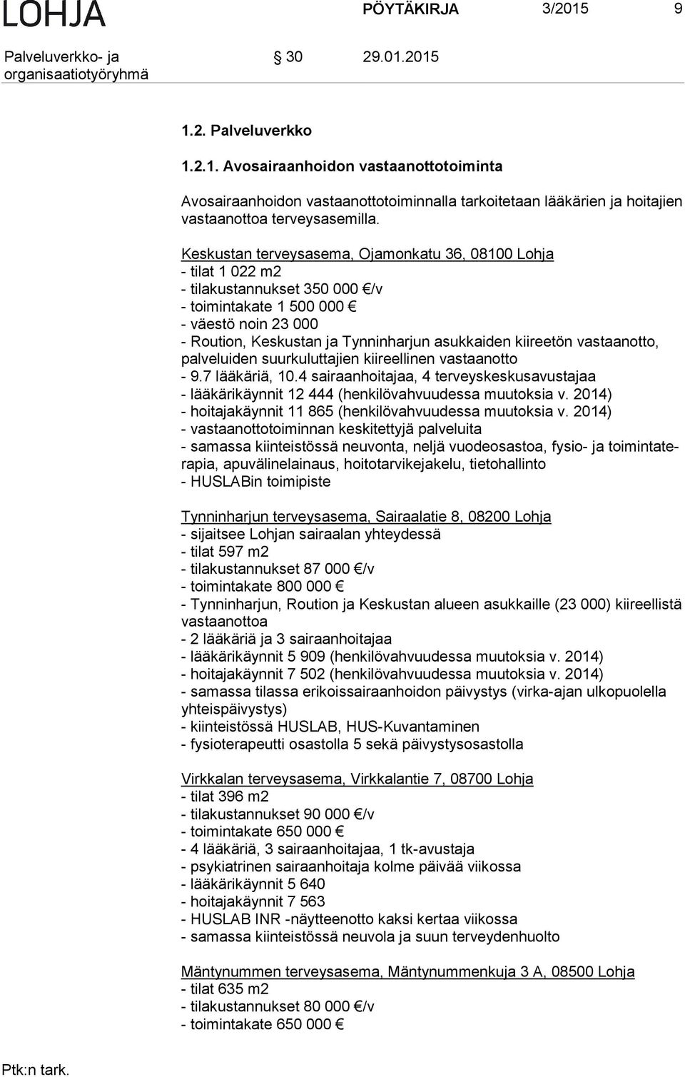 kiireetön vastaanotto, pal ve lui den suurkuluttajien kiireellinen vastaanotto - 9.7 lääkäriä, 10.4 sairaanhoitajaa, 4 terveyskeskusavustajaa - lääkärikäynnit 12 444 (henkilövahvuudessa muutoksia v.