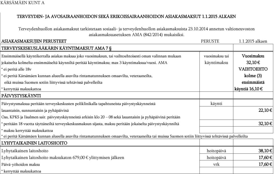 asiakas maksaa joko vuosimaksun, tai vaihtoehtoisesti oman valinnan mukaan vuosimaksu tai Vuosimaksu jokaiselta kolmelta ensimmäiseltä käynniltä peritää käyntimaksu; max 3 käyntimaksua/vuosi.