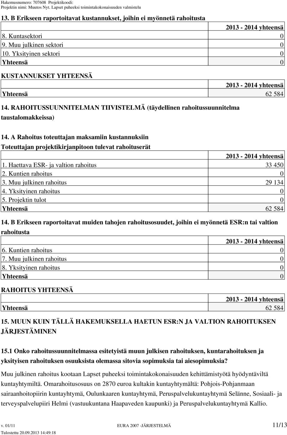 A Rahoitus toteuttajan maksamiin kustannuksiin Toteuttajan projektikirjanpitoon tulevat rahoituserät 2013-2014 yhteensä 1. Haettava ESR- ja valtion rahoitus 33 450 2. Kuntien rahoitus 0 3.