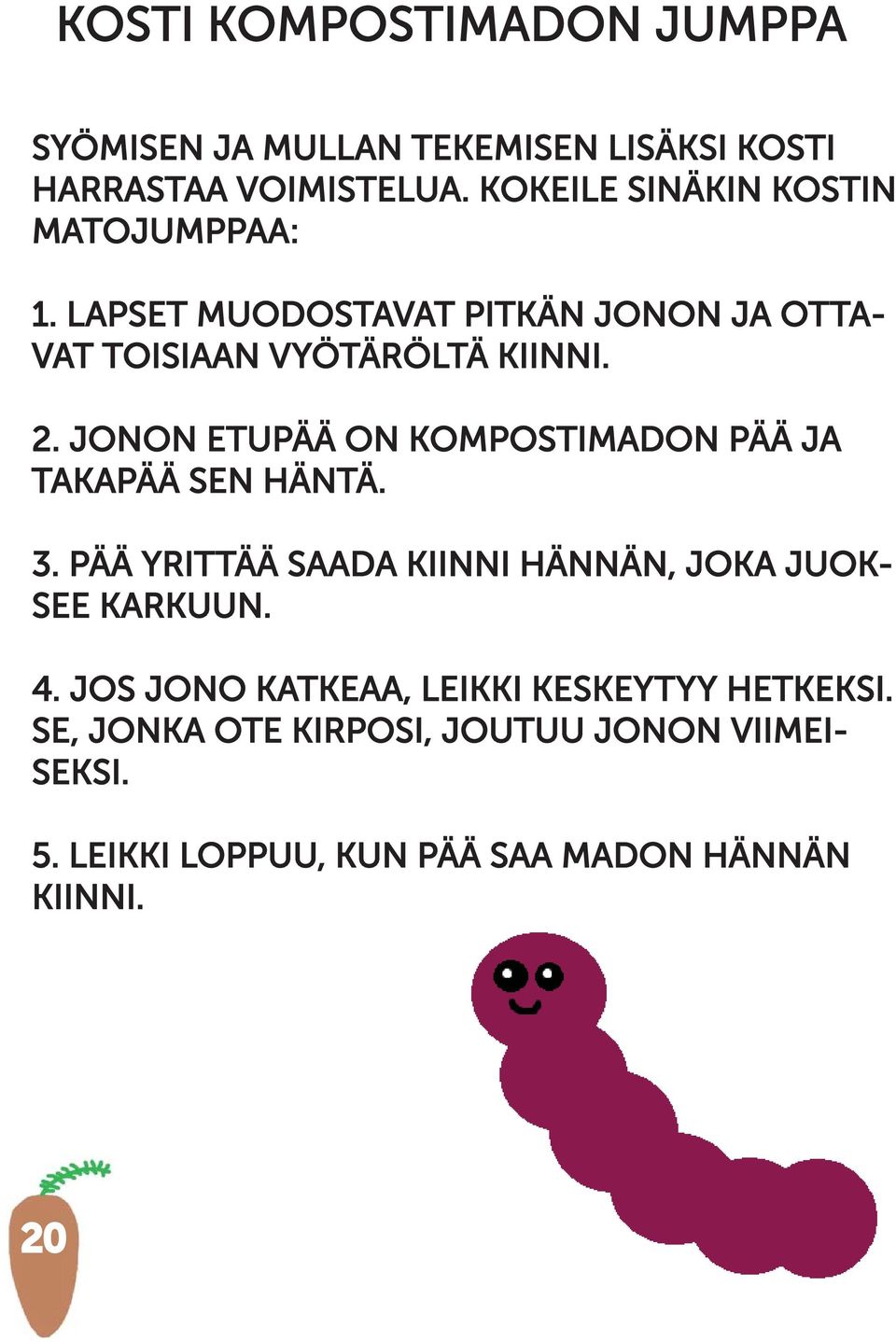 JONON ETUPÄÄ ON KOMPOSTIMADON PÄÄ JA TAKAPÄÄ SEN HÄNTÄ. 3. PÄÄ YRITTÄÄ SAADA KIINNI HÄNNÄN, JOKA JUOK- SEE KARKUUN. 4.