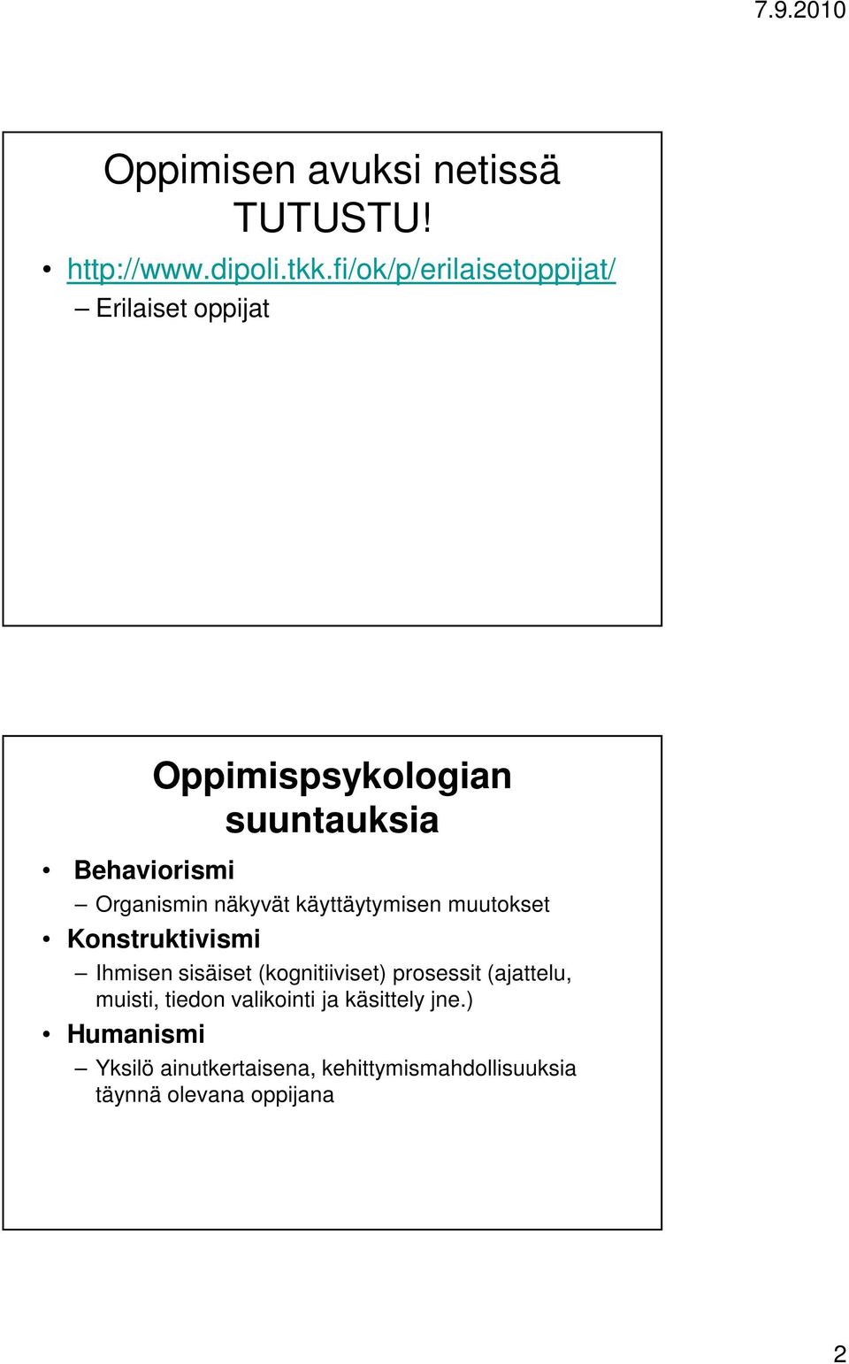 Organismin näkyvät käyttäytymisen muutokset Konstruktivismi Ihmisen sisäiset (kognitiiviset)