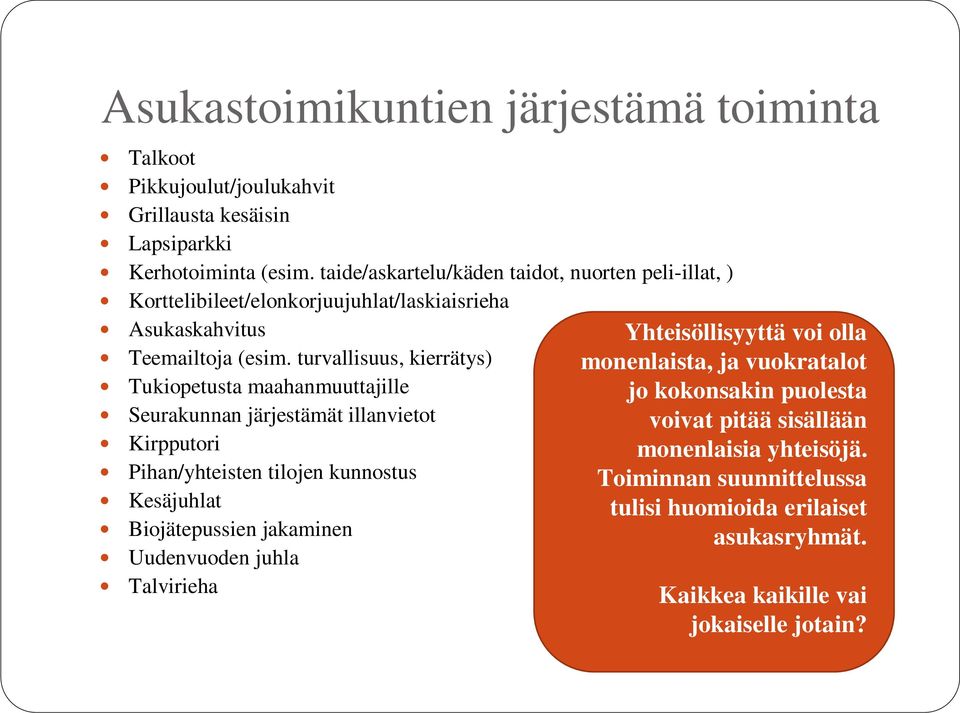 turvallisuus, kierrätys) Tukiopetusta maahanmuuttajille Seurakunnan järjestämät illanvietot Kirpputori Pihan/yhteisten tilojen kunnostus Kesäjuhlat Biojätepussien