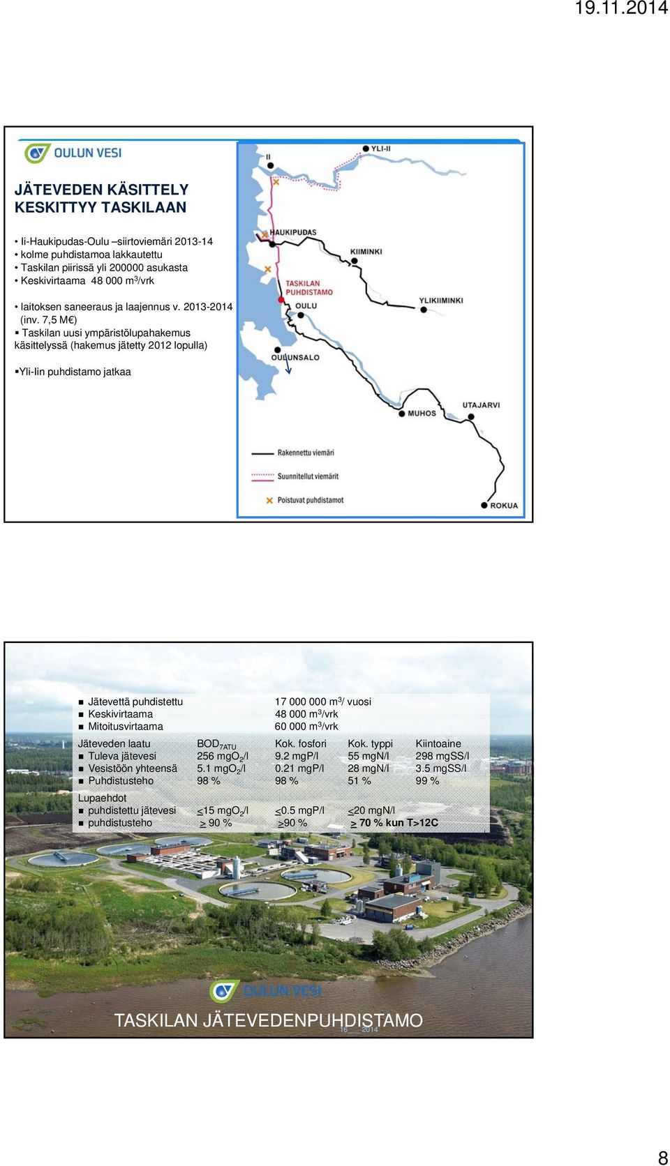 7,5 M ) Taskilan uusi ympäristölupahakemus käsittelyssä (hakemus jätetty 2012 lopulla) Yli-Iin puhdistamo jatkaa 15 2012 Jätevettä puhdistettu 17 000 000 m 3 / vuosi Keskivirtaama 48 000 m 3 /vrk