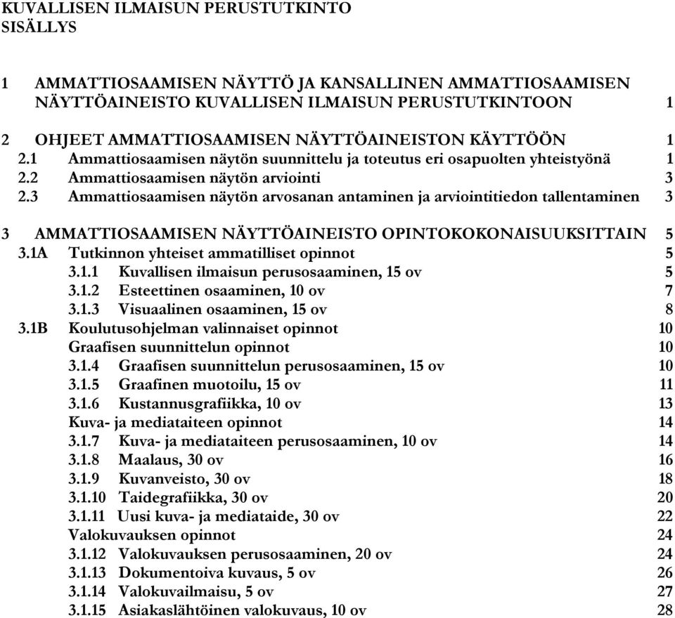 3 Ammattiosaamisen näytön arvosanan antaminen ja arviointitiedon tallentaminen 3 3 AMMATTIOSAAMISEN NÄYTTÖAINEISTO OPINTOKOKONAISUUKSITTAIN 5 3.1A Tutkinnon yhteiset ammatilliset opinnot 5 3.1.1 Kuvallisen ilmaisun perusosaaminen, 15 ov 5 3.