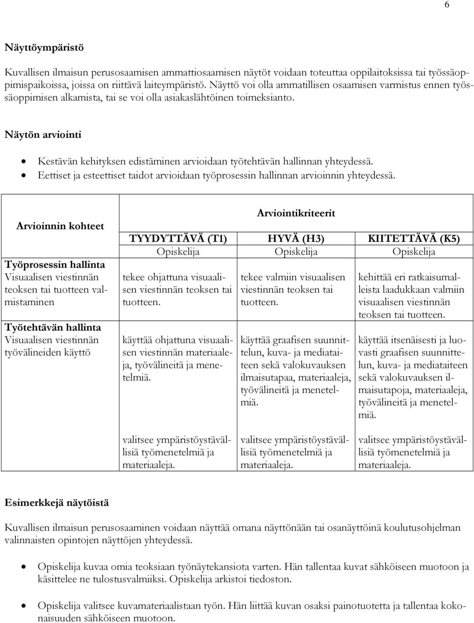 Näytön arviointi Kestävän kehityksen edistäminen arvioidaan työtehtävän hallinnan yhteydessä. Eettiset ja esteettiset taidot arvioidaan työprosessin hallinnan arvioinnin yhteydessä.