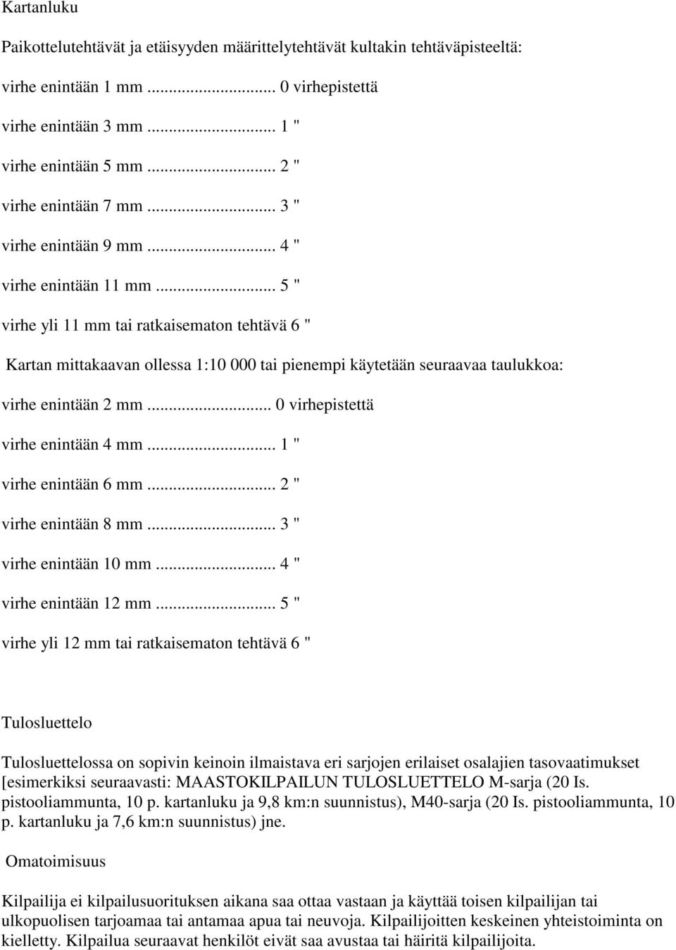 .. 5 " virhe yli 11 mm tai ratkaisematon tehtävä 6 " Kartan mittakaavan ollessa 1:10 000 tai pienempi käytetään seuraavaa taulukkoa: virhe enintään 2 mm... 0 virhepistettä virhe enintään 4 mm.