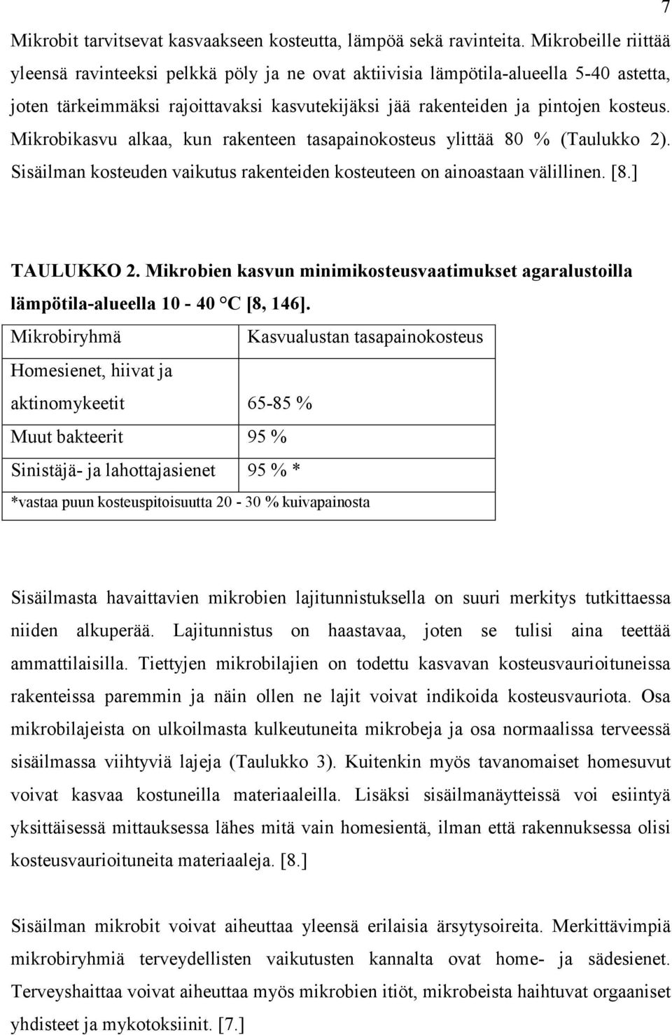 Mikrobikasvu alkaa, kun rakenteen tasapainokosteus ylittää 80 % (Taulukko 2). Sisäilman kosteuden vaikutus rakenteiden kosteuteen on ainoastaan välillinen. [8.] TAULUKKO 2.