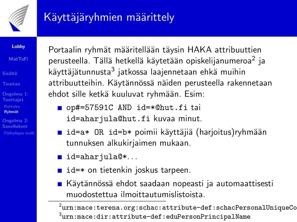 Käytännössä näiden perusteella rakennetaan ehdot sille ketkä kuuluvat ryhmään. Esim: op#=57591c AND id=*@hut.fi tai id=aharjula@hut.fi kuvaa minut.