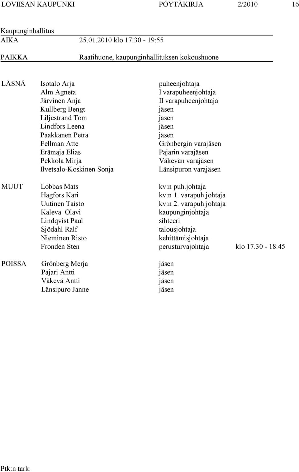 2010 klo 17:30-19:55 PAIKKA Raatihuone, kaupunginhallituksen kokoushuone LÄSNÄ Isotalo Arja puheenjohtaja Alm Agneta I varapuheenjohtaja Järvinen Anja II varapuheenjohtaja Kullberg Bengt jäsen