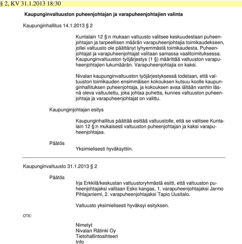 Puheenjohtajat ja varapuheenjohtajat valitaan samassa vaalitoimituksessa. Kaupunginvaltuuston työjärjestys (1 ) määrittää valtuuston varapuheenjohtajien lukumäärän. Varapuheenjohtajia on kaksi.