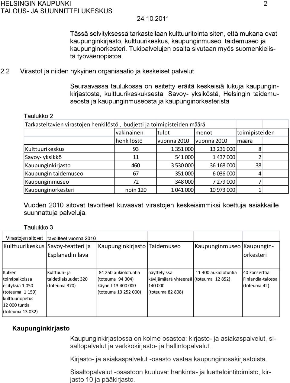 2 Virastot ja niiden nykyinen organisaatio ja keskeiset palvelut Seuraavassa taulukossa on esitetty eräitä keskeisiä lukuja kaupunginkirjastosta, kulttuurikeskuksesta, Savoy- yksiköstä, Helsingin