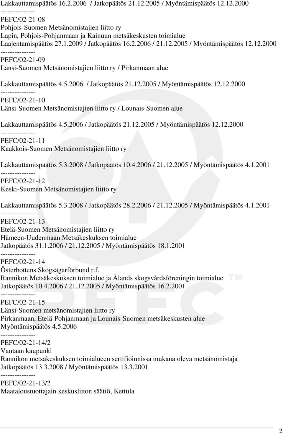 5.2006 / Jatkopäätös 21.12.2005 / Myöntämispäätös 12.12.2000 PEFC/02-21-11 Kaakkois-Suomen Metsänomistajien liitto ry Lakkauttamispäätös 5.3.2008 / Jatkopäätös 10.4.2006 / 21.12.2005 / Myöntämispäätös 4.