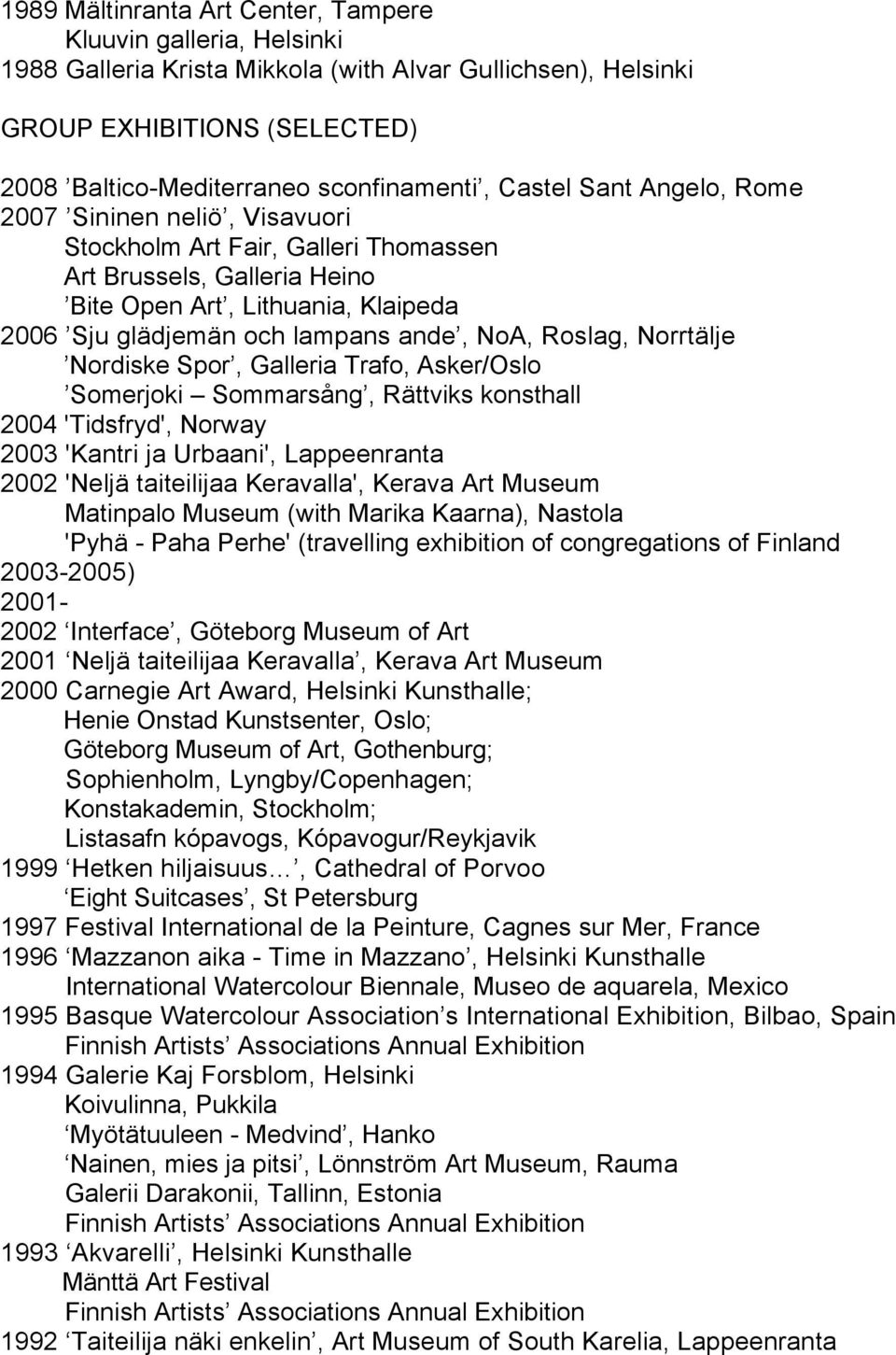 Roslag, Norrtälje Nordiske Spor, Galleria Trafo, Asker/Oslo Somerjoki Sommarsång, Rättviks konsthall 2004 'Tidsfryd', Norway 2003 'Kantri ja Urbaani', Lappeenranta 2002 'Neljä taiteilijaa Keravalla',