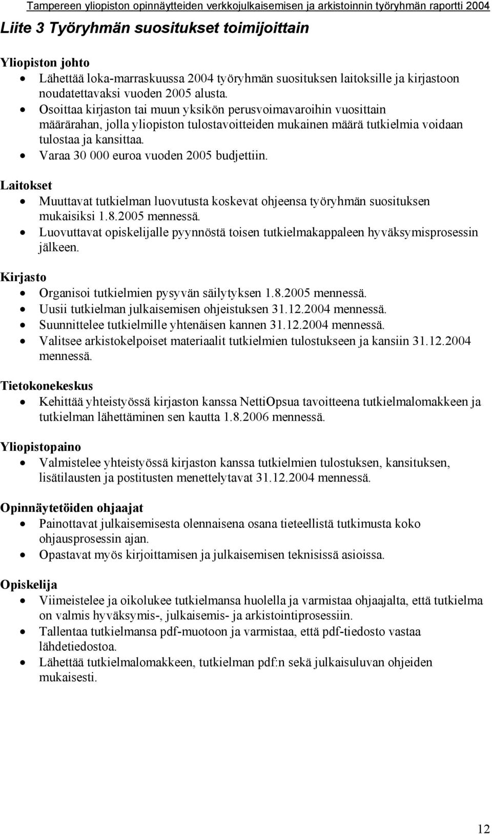 Varaa 30 000 euroa vuoden 2005 budjettiin. Laitokset Muuttavat tutkielman luovutusta koskevat ohjeensa työryhmän suosituksen mukaisiksi 1.8.2005 mennessä.