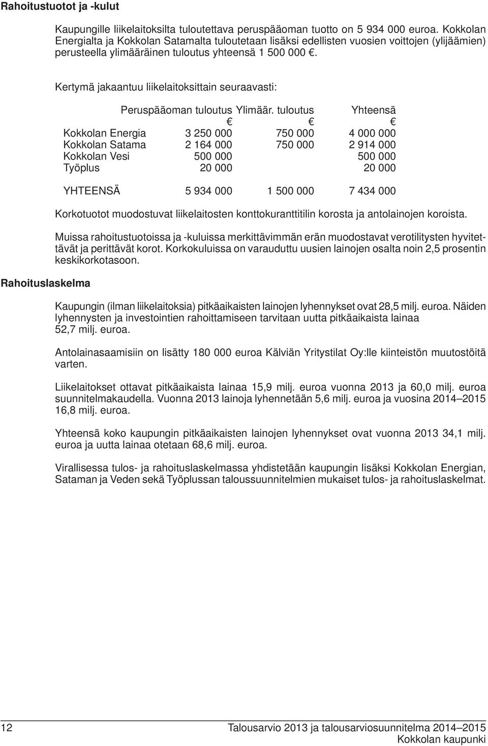 Rahoituslaskelma Kertymä jakaantuu liikelaitoksittain seuraavasti: Peruspääoman tuloutus Ylimäär.