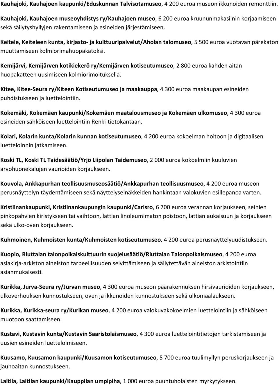 Keitele, Keiteleen kunta, kirjasto ja kulttuuripalvelut/aholan talomuseo, 5 500 euroa vuotavan pärekaton muuttamiseen kolmiorimahuopakatoksi.