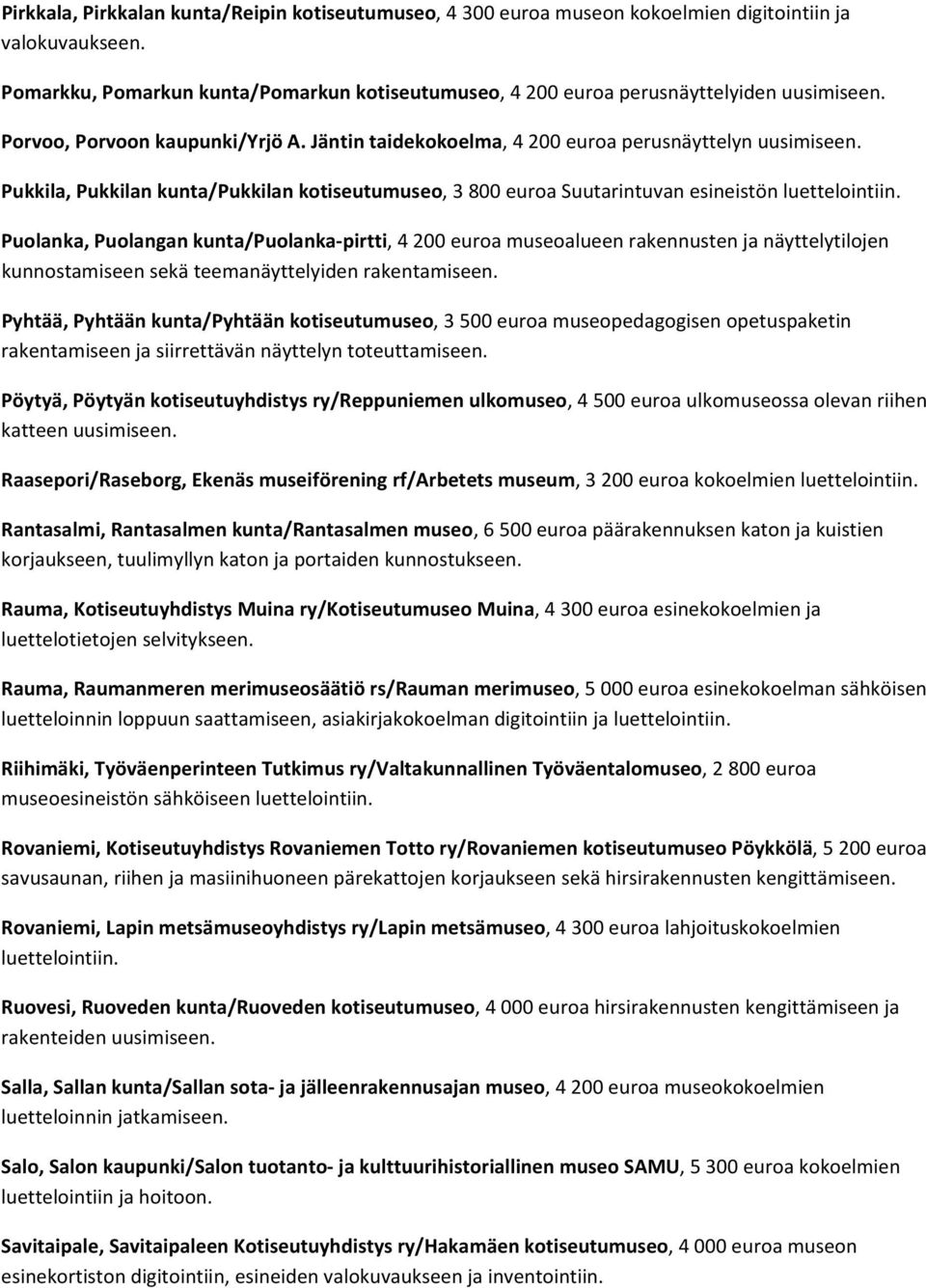 Pukkila, Pukkilan kunta/pukkilan kotiseutumuseo, 3 800 euroa Suutarintuvan esineistön luettelointiin.