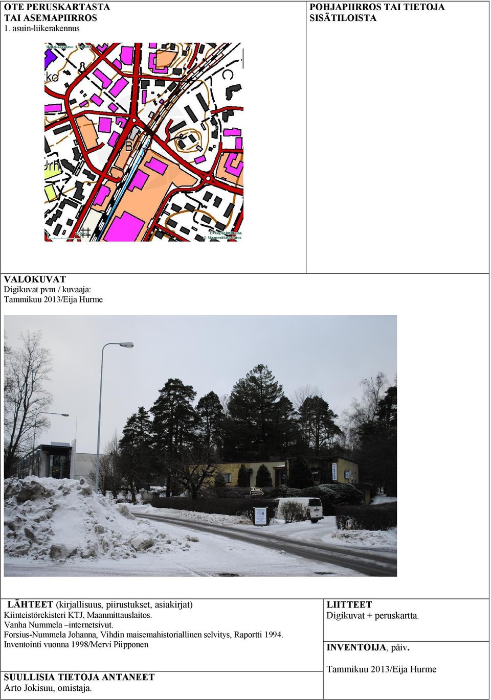 piirustukset, asiakirjat) Kiinteistörekisteri KTJ, Maanmittauslaitos. Vanha Nummela internetsivut.