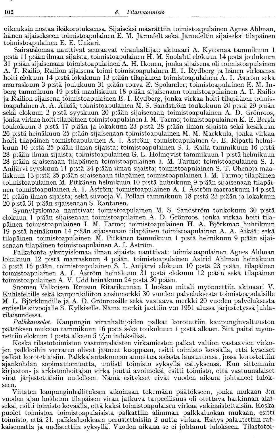 Kytömaa tammikuun 1 p:stä 11 p:ään ilman sijaista, toimistoapulainen H. M. Suolahti elokuun 14 p:stä joulukuun 31 p:ään sijaisenaan toimistoapulainen A. H. Ikonen, jonka sijaisena oli toimistoapulainen A.