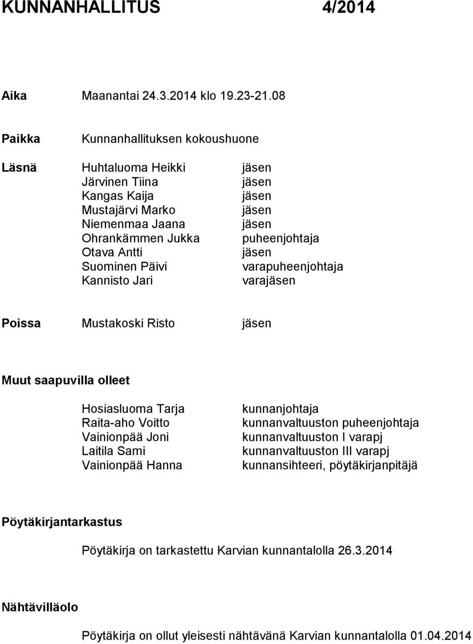 Otava Antti jäsen Suominen Päivi varapuheenjohtaja Kannisto Jari varajäsen Poissa Mustakoski Risto jäsen Muut saapuvilla olleet Hosiasluoma Tarja Raita-aho Voitto Vainionpää Joni Laitila