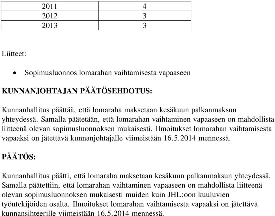 Ilmoitukset lomarahan vaihtamisesta vapaaksi on jätettävä kunnanjohtajalle viimeistään 16.5.2014 mennessä. PÄÄTÖS: Kunnanhallitus päätti, että lomaraha maksetaan kesäkuun palkanmaksun yhteydessä.