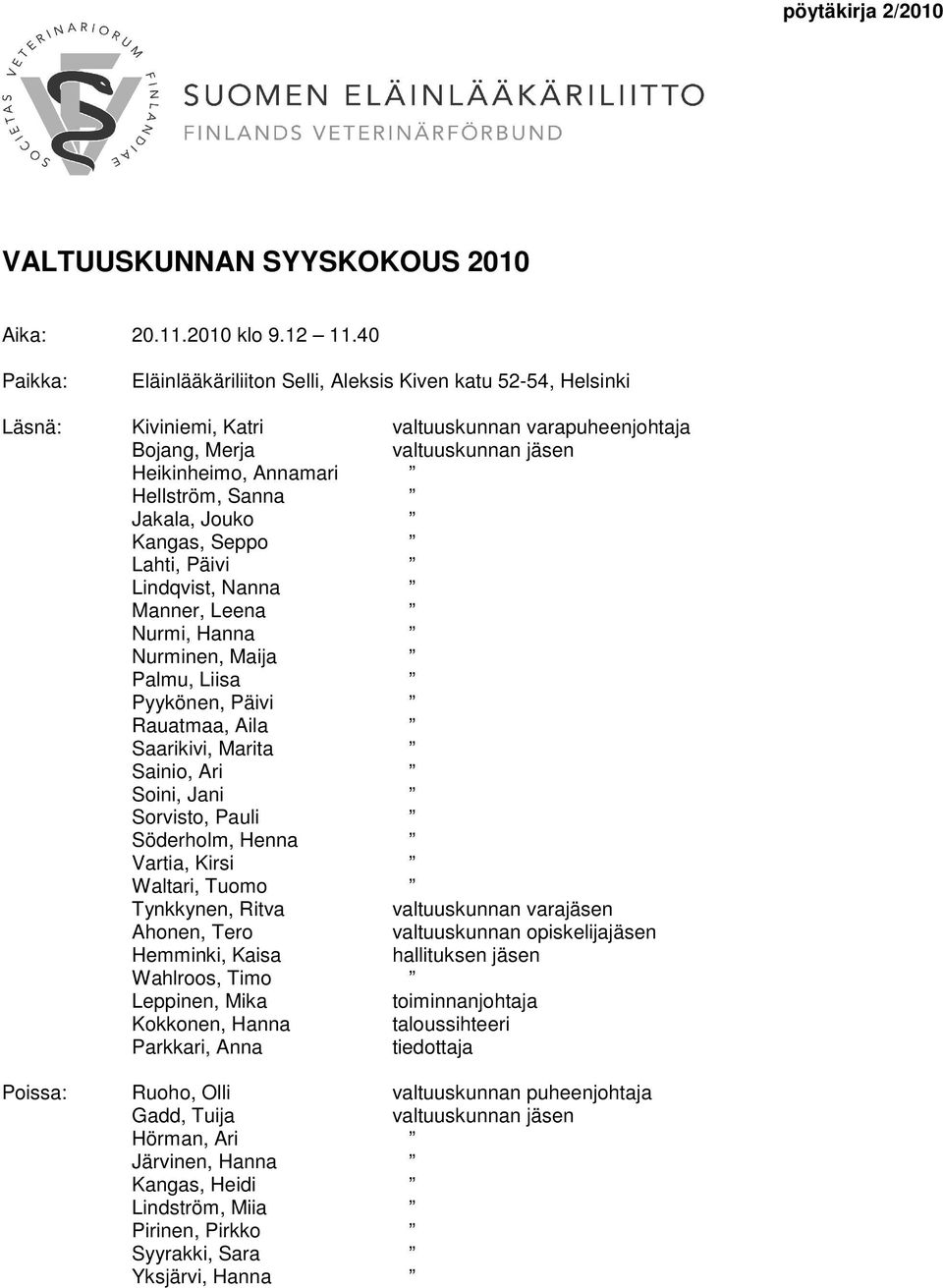 Sanna Jakala, Jouko Kangas, Seppo Lahti, Päivi Lindqvist, Nanna Manner, Leena Nurmi, Hanna Nurminen, Maija Palmu, Liisa Pyykönen, Päivi Rauatmaa, Aila Saarikivi, Marita Sainio, Ari Soini, Jani