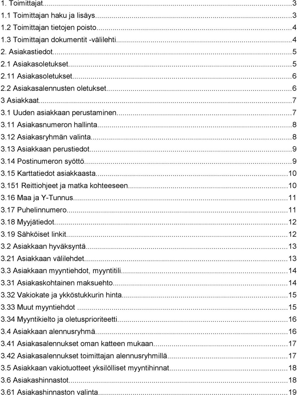 14 Postinumeron syöttö...9 3.15 Karttatiedot asiakkaasta...10 3.151 Reittiohjeet ja matka kohteeseen...10 3.16 Maa ja Y-Tunnus...11 3.17 Puhelinnumero...11 3.18 Myyjätiedot...12 3.19 Sähköiset linkit.