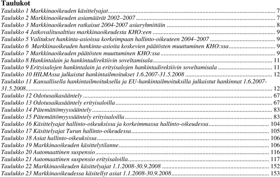 .. 9 Taulukko 6 Markkinaoikeuden hankinta-asioita koskevien päätösten muuttuminen KHO:ssa... 9 Taulukko 7 Markkinaoikeuden päätösten muuttuminen KHO:ssa.