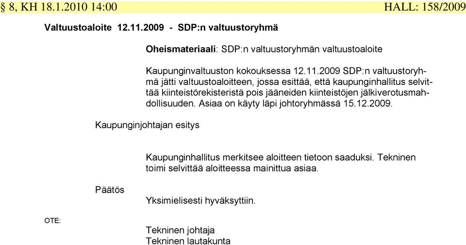 2009 SDP:n valtuustoryhmä jätti valtuustoaloitteen, jossa esittää, että kaupunginhallitus selvittää kiinteistörekisteristä pois jääneiden