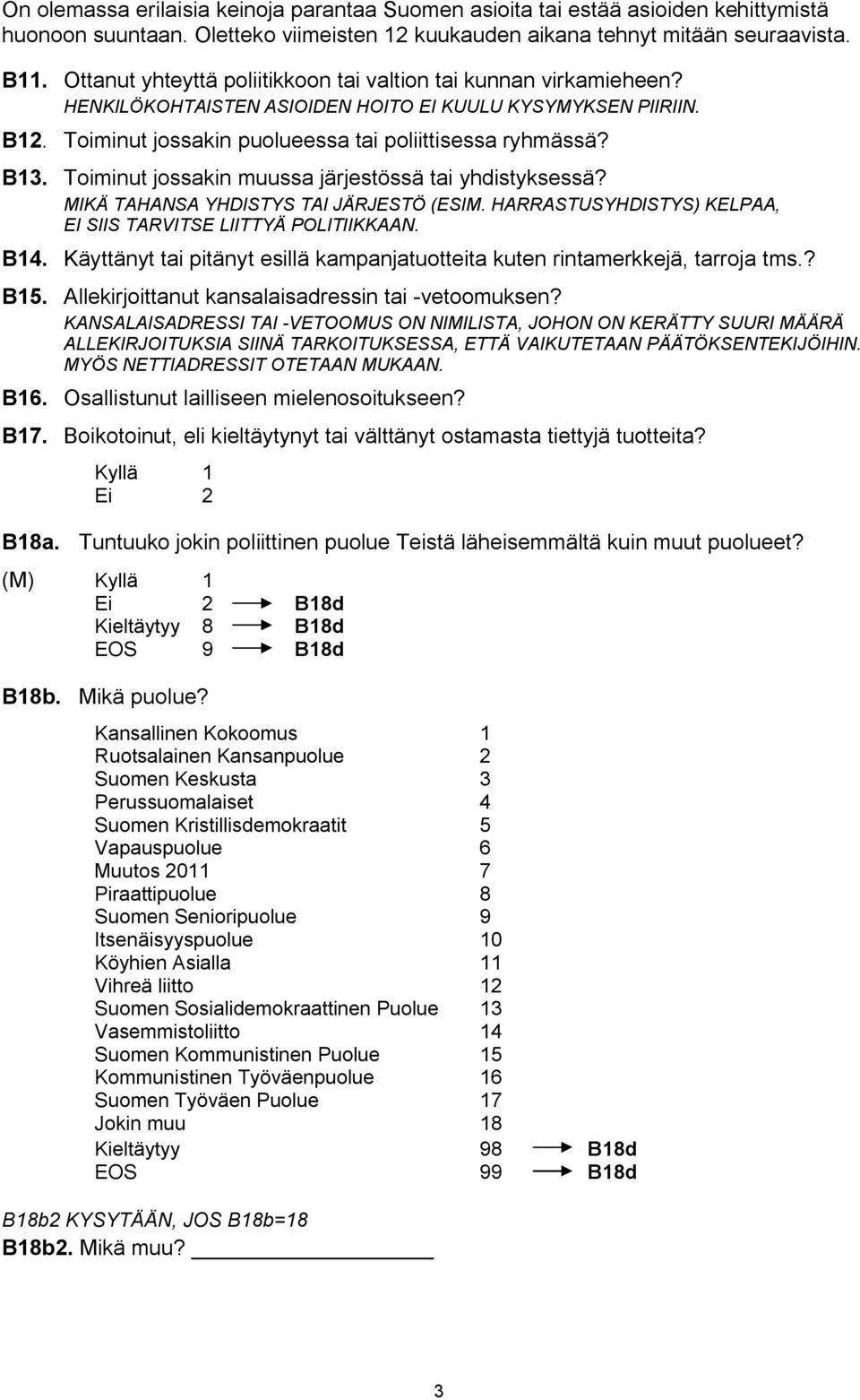 Toiminut jossakin muussa järjestössä tai yhdistyksessä? MIKÄ TAHANSA YHDISTYS TAI JÄRJESTÖ (ESIM. HARRASTUSYHDISTYS) KELPAA, EI SIIS TARVITSE LIITTYÄ POLITIIKKAAN. B14.