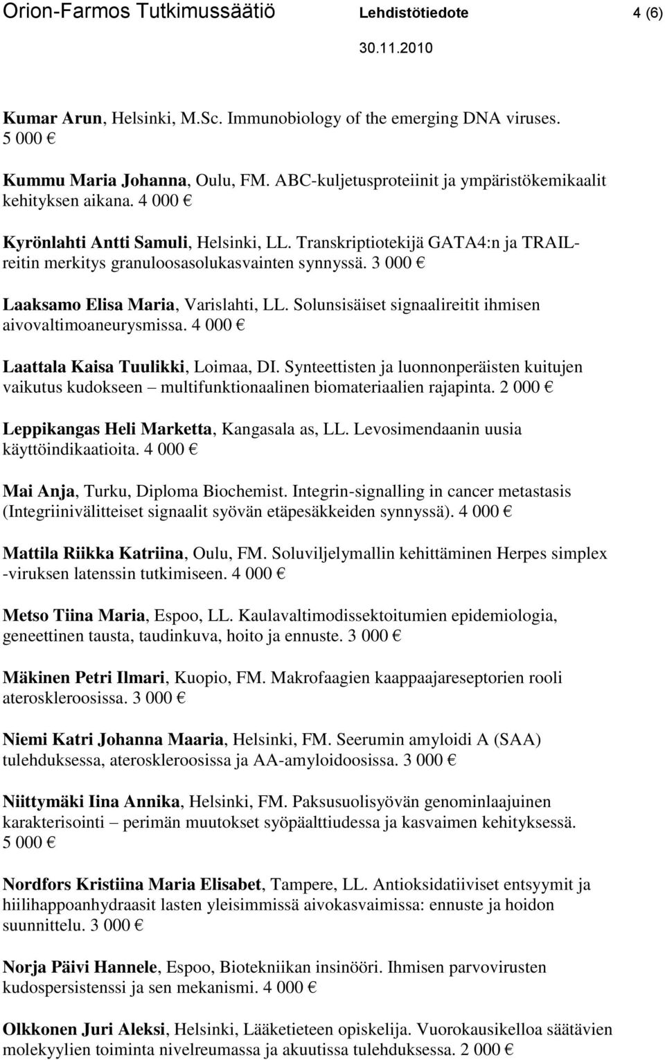 3 000 Laaksamo Elisa Maria, Varislahti, LL. Solunsisäiset signaalireitit ihmisen aivovaltimoaneurysmissa. 4 000 Laattala Kaisa Tuulikki, Loimaa, DI.