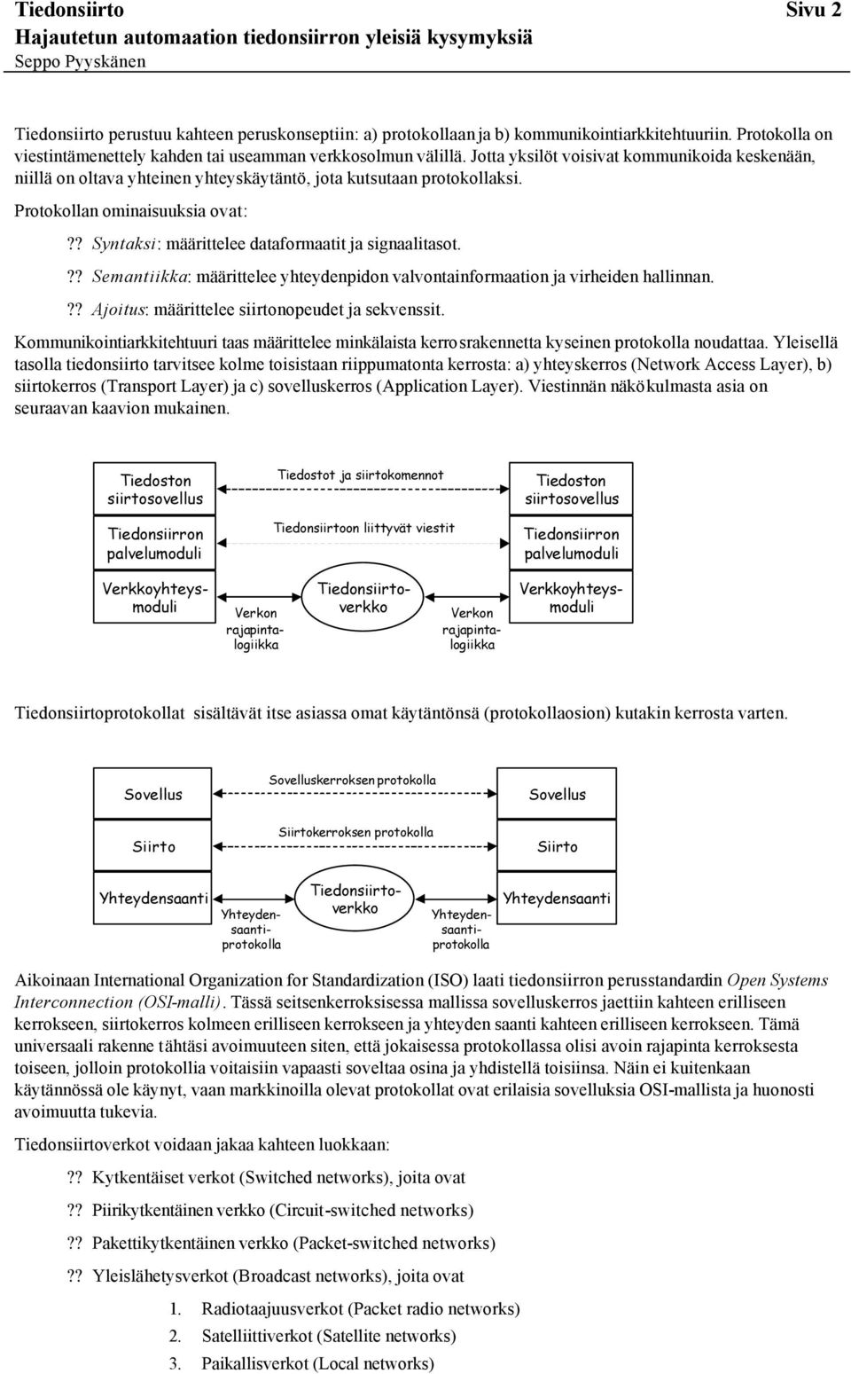 ? Syntaksi: määrittelee dataformaatit ja signaalitasot.?? Semantiikka: määrittelee yhteydenpidon valvontainformaation ja virheiden hallinnan.?? Ajoitus: määrittelee siirtonopeudet ja sekvenssit.