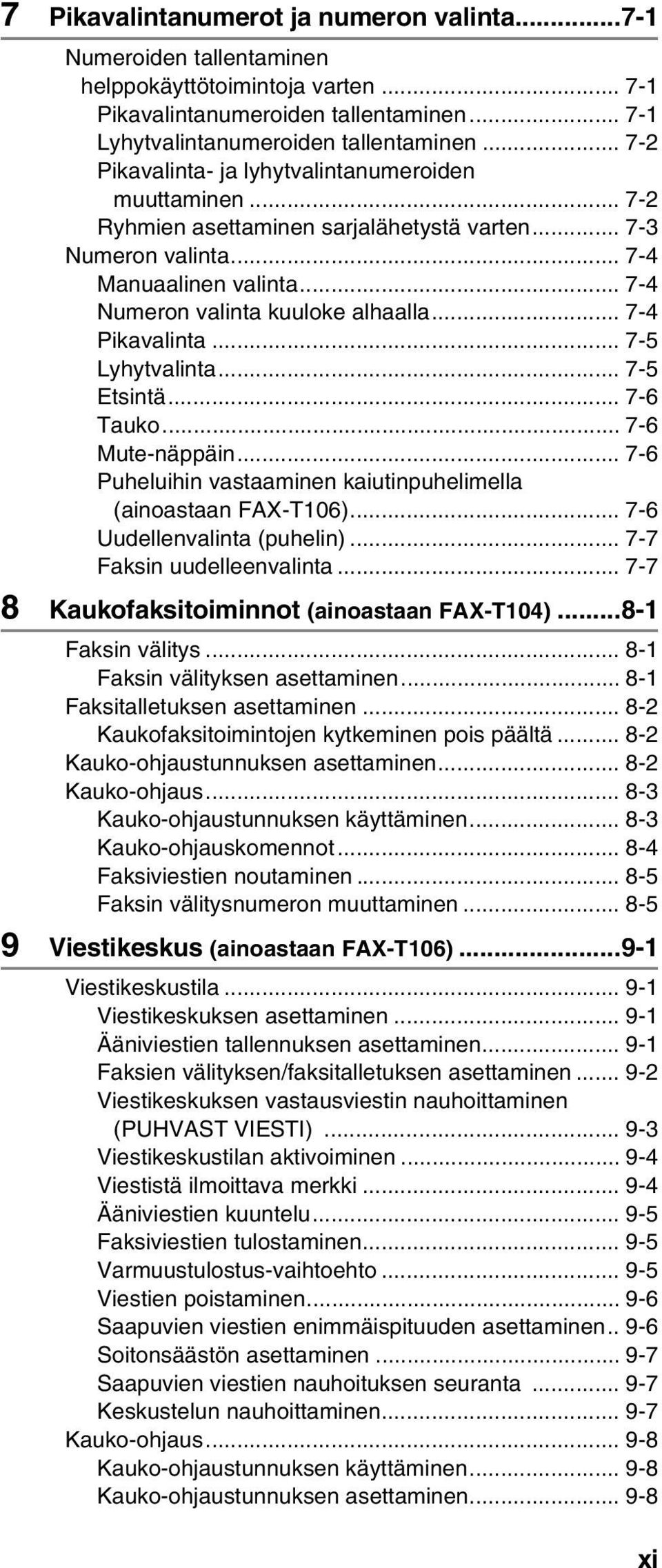 .. 7-4 Pikavalinta... 7-5 Lyhytvalinta... 7-5 Etsintä... 7-6 Tauko... 7-6 Mute-näppäin... 7-6 Puheluihin vastaaminen kaiutinpuhelimella (ainoastaan FAX-T106)... 7-6 Uudellenvalinta (puhelin).