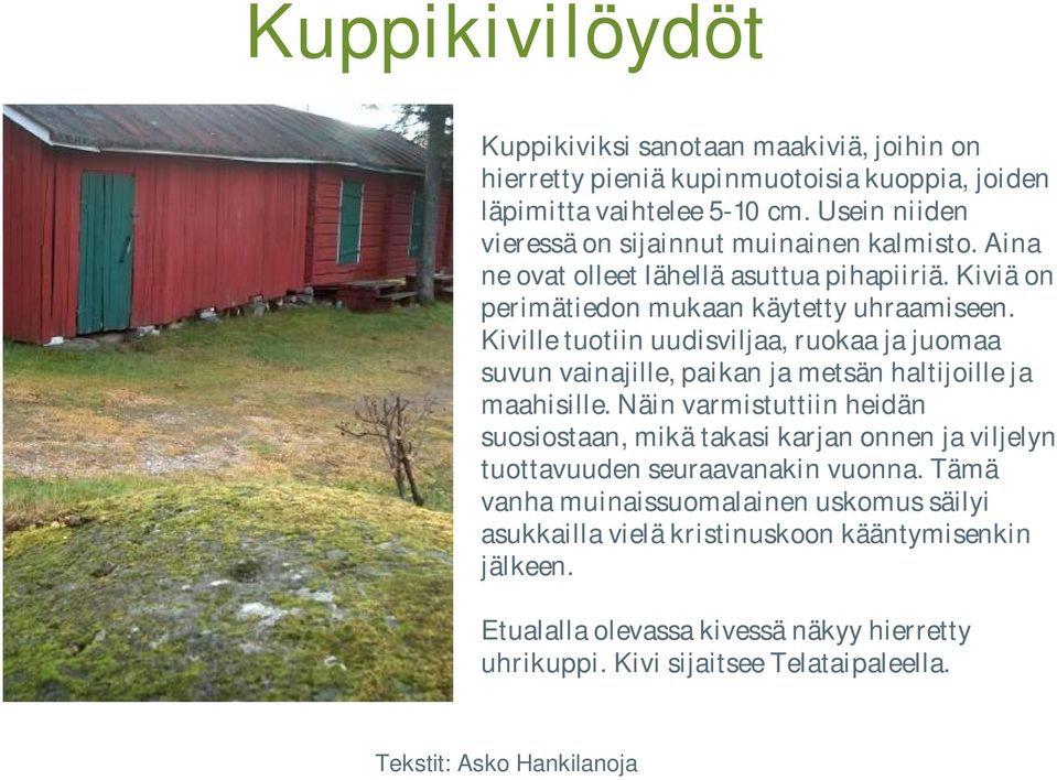 Kiville tuotiin uudisviljaa, ruokaa ja juomaa suvun vainajille, paikan ja metsän haltijoille ja maahisille.