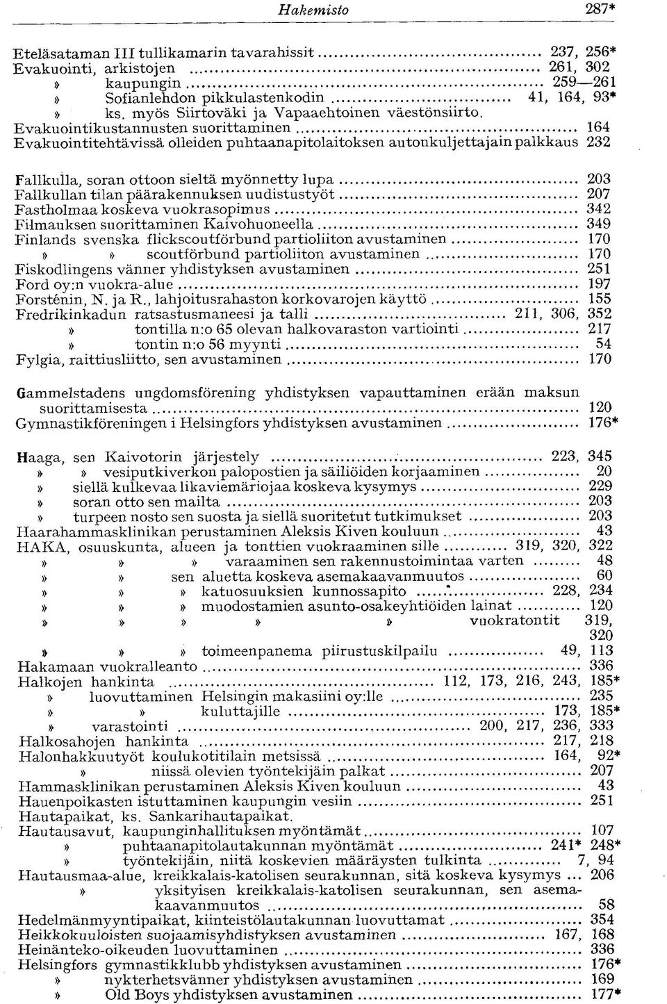 Evakuointikustannusten suorittaminen 164 Evakuointitehtävissä olleiden puhtaanapitolaitoksen au tonkulj etta jäin palkkaus 232 Fallkulla, soran ottoon sieltä myönnetty lupa 203 Fallkullan tilan