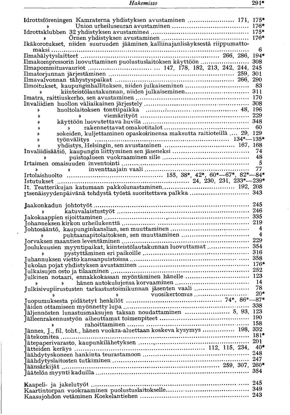 Ilmapommitusvauriot 147, 178, 182, 213, 242, 244, 245 Ilmatorjunnan järjestäminen 259, 301 Ilmavalvonnan tähystyspaikat 266, 290 Ilmoitukset, kaupunginhallituksen, niiden julkaiseminen 83»