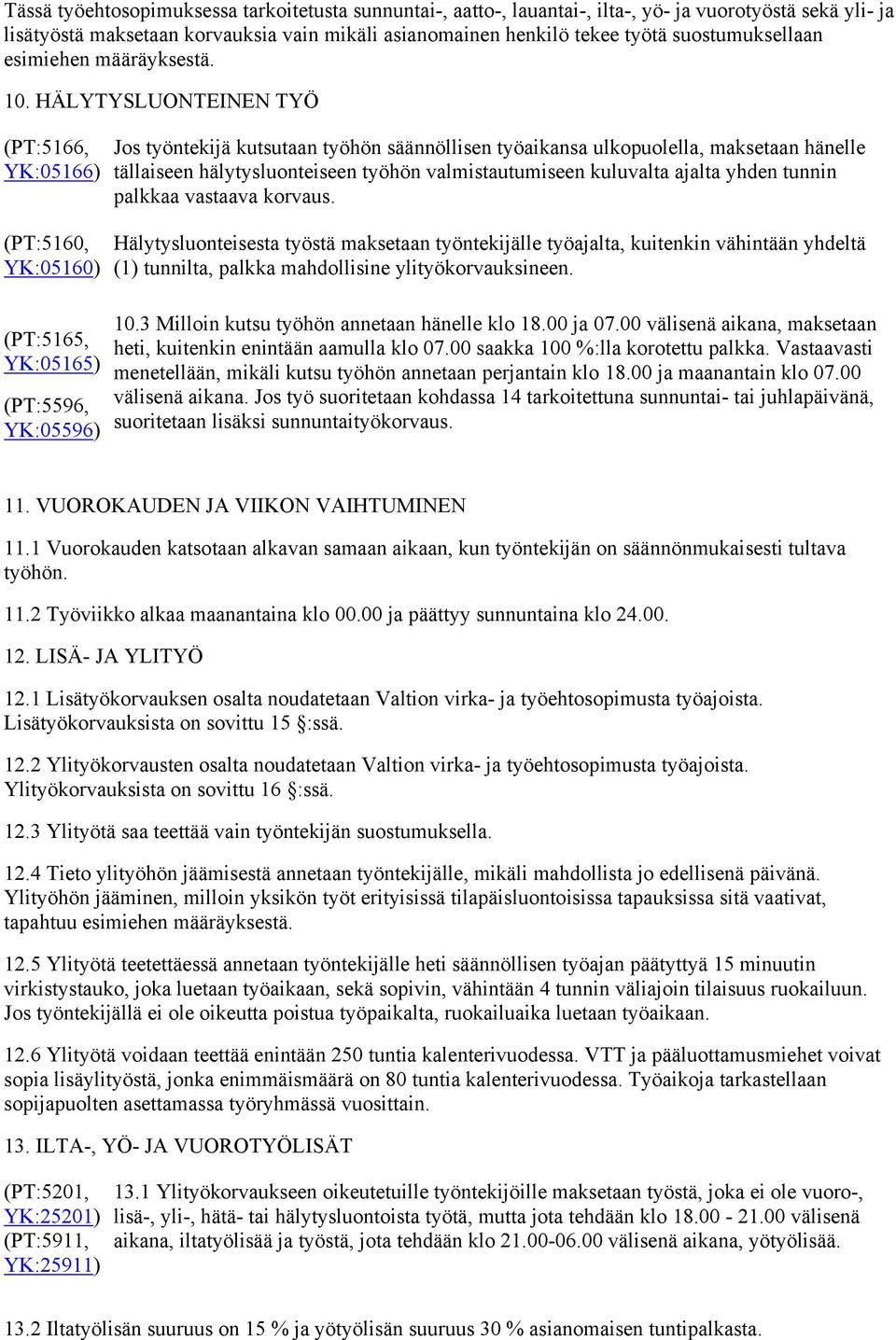 HÄLYTYSLUONTEINEN TYÖ (PT:5166, YK:05166) (PT:5160, YK:05160) (PT:5165, YK:05165) (PT:5596, YK:05596) Jos työntekijä kutsutaan työhön säännöllisen työaikansa ulkopuolella, maksetaan hänelle