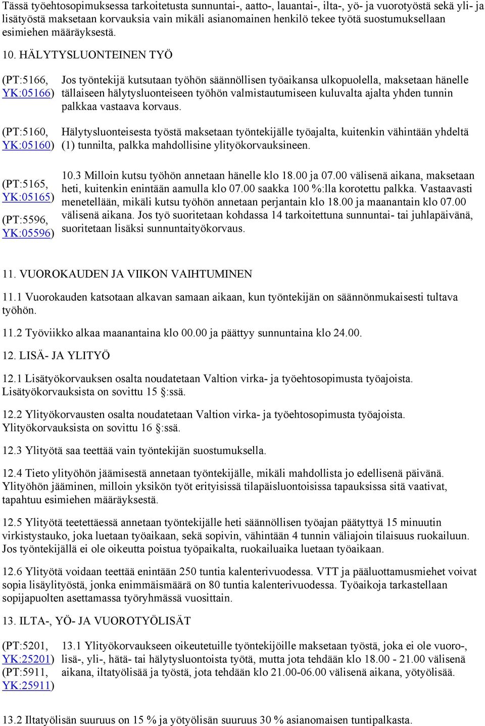 HÄLYTYSLUONTEINEN TYÖ (PT:5166, YK:05166) (PT:5160, YK:05160) (PT:5165, YK:05165) (PT:5596, YK:05596) Jos työntekijä kutsutaan työhön säännöllisen työaikansa ulkopuolella, maksetaan hänelle