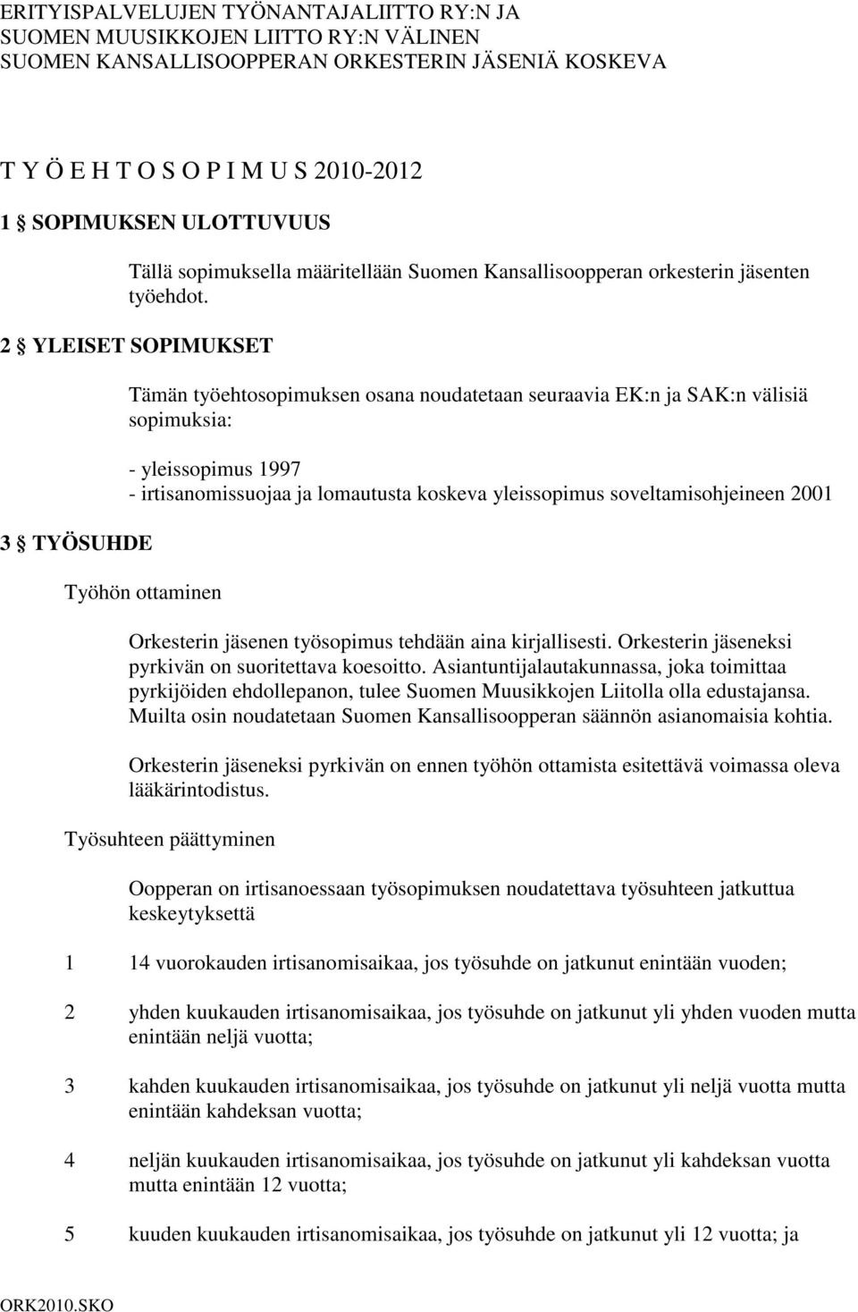 2 YLEISET SOPIMUKSET 3 TYÖSUHDE Tämän työehtosopimuksen osana noudatetaan seuraavia EK:n ja SAK:n välisiä sopimuksia: - yleissopimus 1997 - irtisanomissuojaa ja lomautusta koskeva yleissopimus