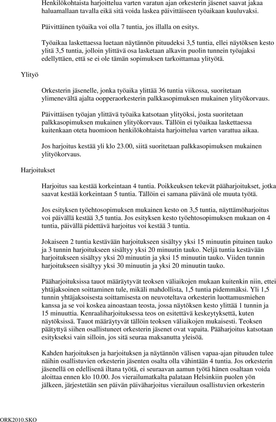 Työaikaa laskettaessa luetaan näytännön pituudeksi 3,5 tuntia, ellei näytöksen kesto ylitä 3,5 tuntia, jolloin ylittävä osa lasketaan alkavin puolin tunnein työajaksi edellyttäen, että se ei ole