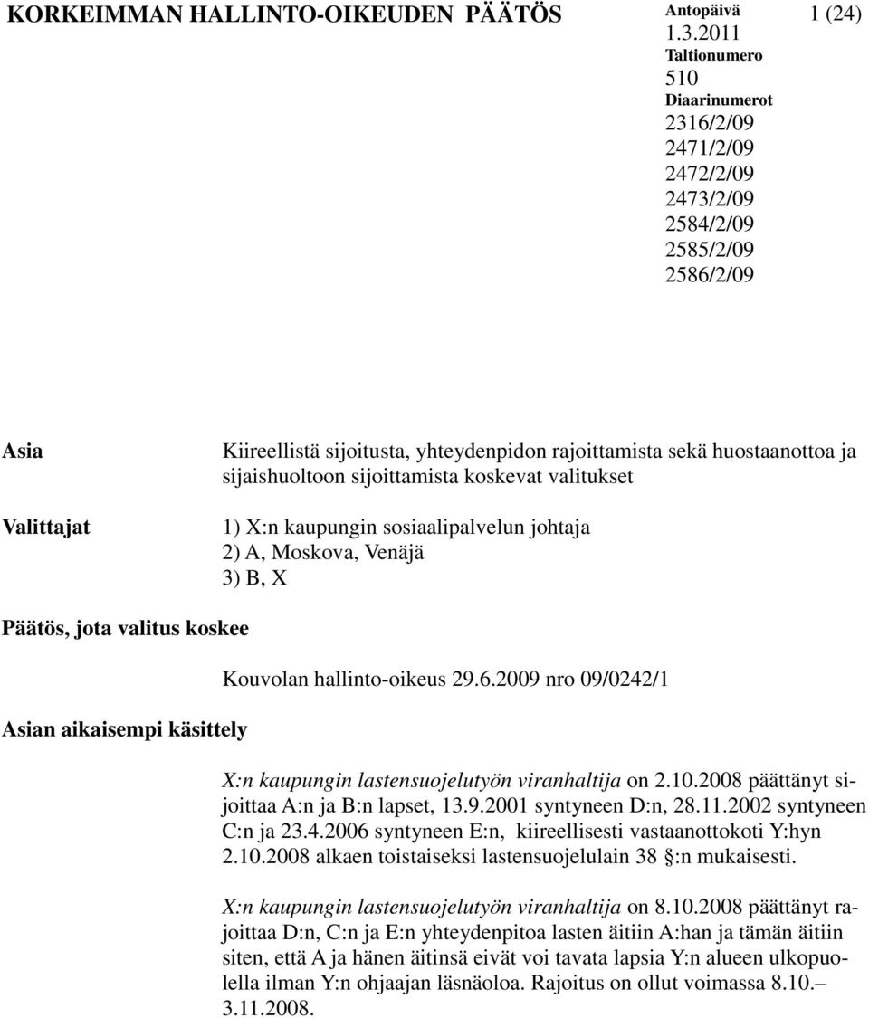 huostaanottoa ja sijaishuoltoon sijoittamista koskevat valitukset 1) X:n kaupungin sosiaalipalvelun johtaja 2) A, Moskova, Venäjä 3) B, X Päätös, jota valitus koskee Asian aikaisempi käsittely