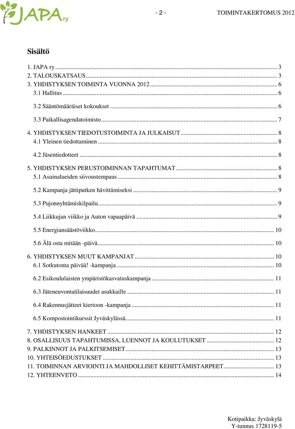 .. 9 5.3 Pujonnyhtämiskilpailu... 9 5.4 Liikkujan viikko ja Auton vapaapäivä... 9 5.5 Energiansäästöviikko... 10 5.6 Älä osta mitään -päivä... 10 6. YHDISTYKSEN MUUT KAMPANJAT... 10 6.1 Sotkutonta päivää!