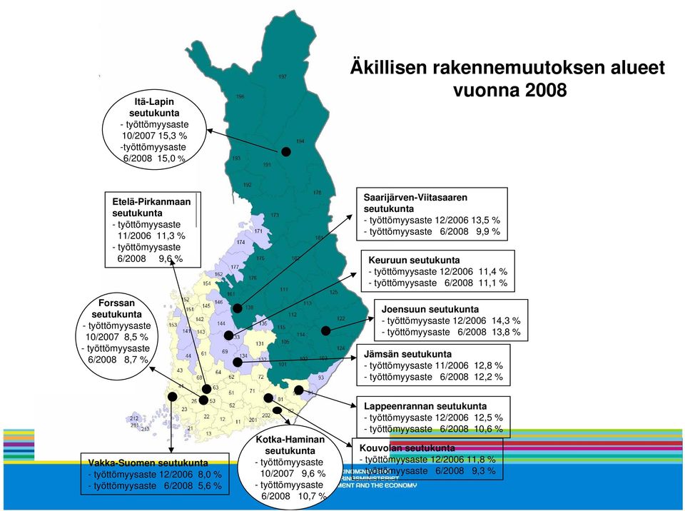 6/2008 11,1 % Joensuun seutukunta 12/2006 14,3 % 6/2008 13,8 % Jämsän seutukunta 11/2006 12,8 % 6/2008 12,2 % Vakka-Suomen seutukunta 12/2006 8,0 % 6/2008