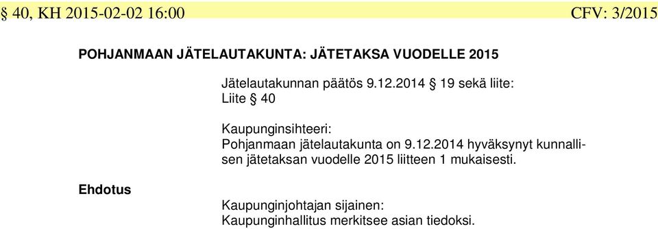 2014 19 sekä liite: Liite 40 Kaupunginsihteeri: Pohjanmaan jätelautakunta on 9.12.